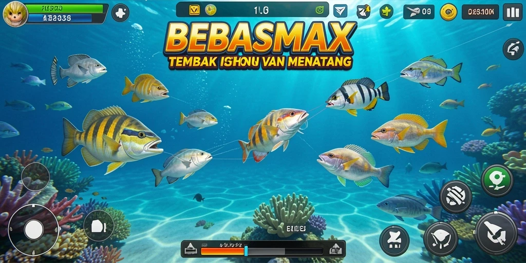 Screenshot gameplay BEBASMAX menampilkan aksi menembak ikan yang seru.