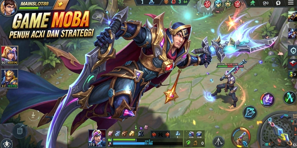 Tampilan seru dari gameplay MAINSLOT88 di arena pertempuran MOBA.