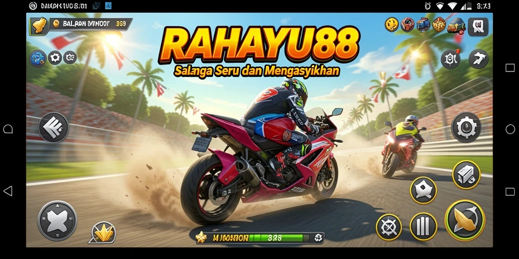 Tampilan seru gameplay RAHAYU88 dengan motor balap beraksi.